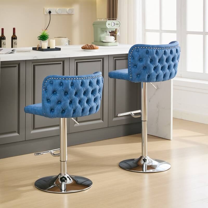 Modern PU Upholstered Bar Stools Set of 2, Swivel Barstools with Tufted Back, Adjustable Seat Height with Chrome Base