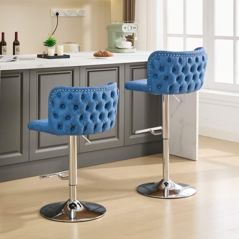 Velvet Upholstered Bar Stools Set of 2, Swivel Bar Stools with Adjusatble Height, Kitchen Island Chairs with Tufted Back