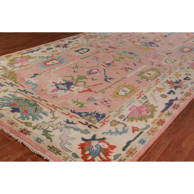 Pink Ivory Oushak Indian Large Rug Handmade Wool Carpet - 8'9" x 17'9"