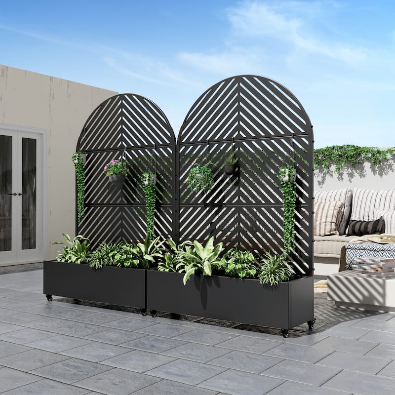 Metal Movable Planter Box with Trellis Privacy Screen Planter Box with Lockable Wheels