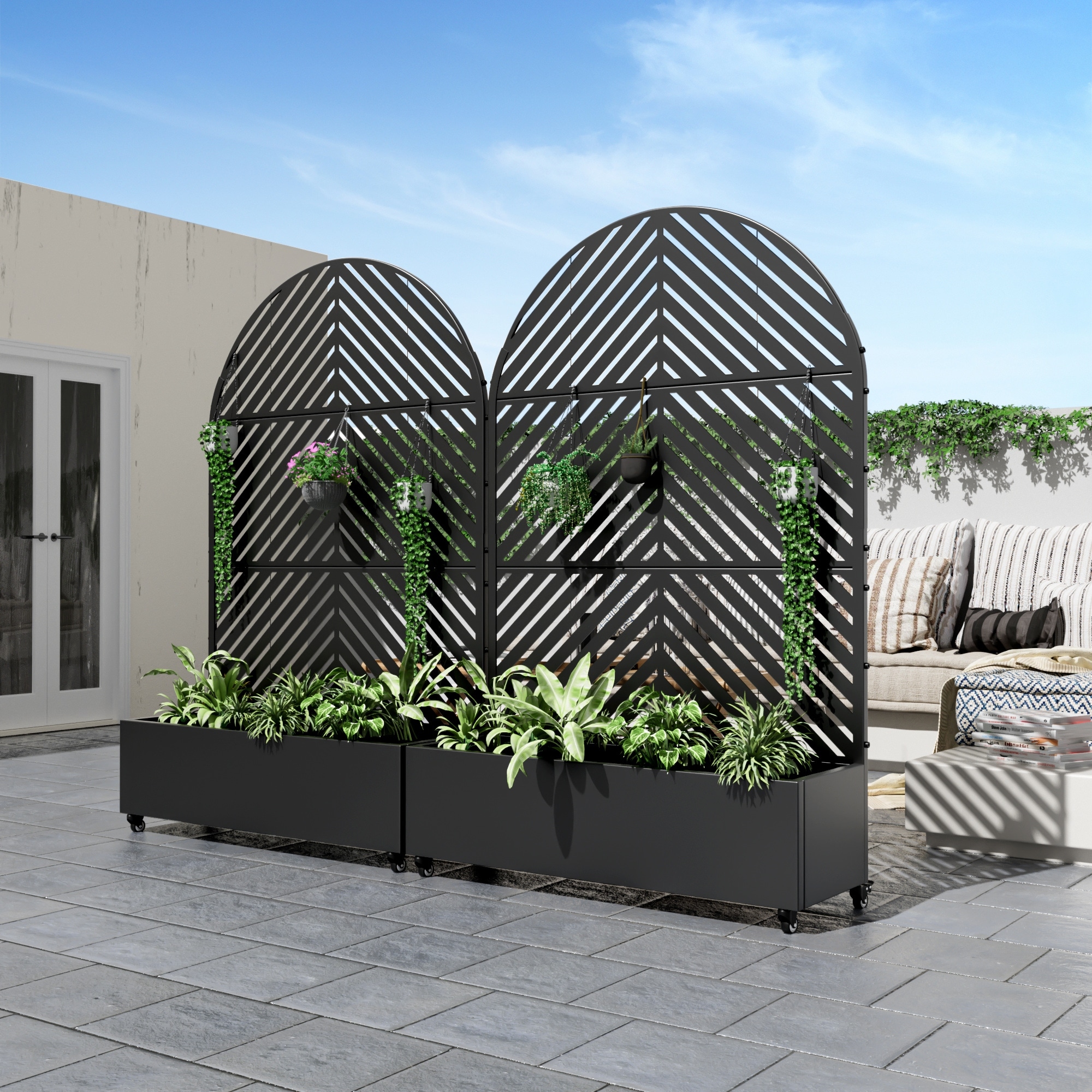 Metal Galvanized Planter Box with Trellis Privacy Screen Lockable Wheels