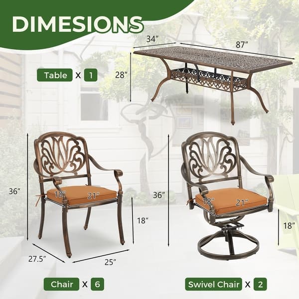 dimension image slide 1 of 2, 9-Piece Outdoor Dining Set with 1 Table + 8 Chairs, All-Weather Aluminum Outdoor Patio Sets for Patio, Backyard, Garden