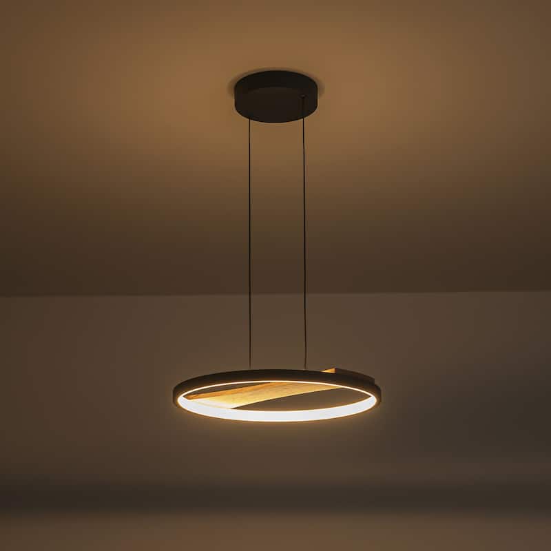 1-Light Modern Black Round Wheel Wood Integrated LED Pendant Light for Dining Room - 15.7 in. W x 81.1 in. H