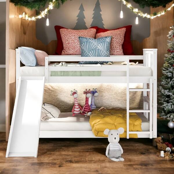 slide 2 of 29, Stylish Twin Over Twin Bunk Bed with Slide, Full-length Guardrail and Built-in Ladder, Maximized Space White
