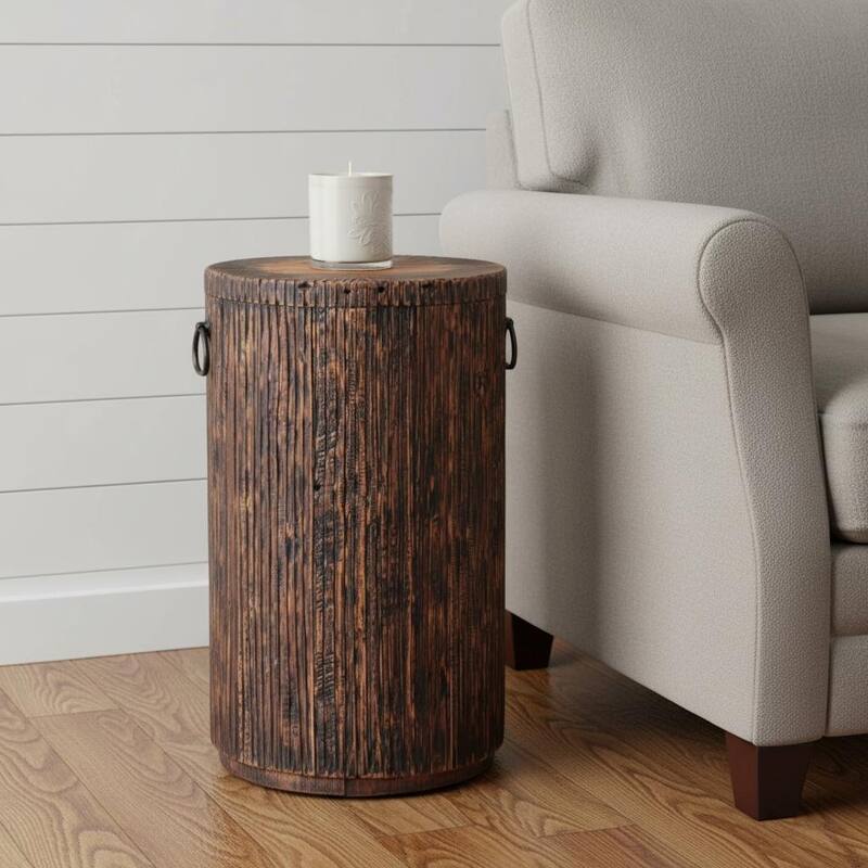 HomeRoots 24" Natural And Smoky Black Reclaimed Wood Round Drum End Table - 13.80 in. x 23.60 in. x 13.80 in. - Natural - Reclaimed Wood