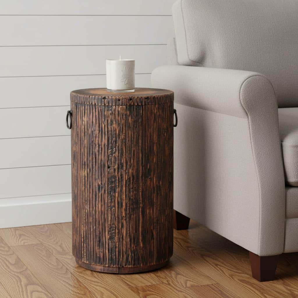 HomeRoots 24" Natural And Smoky Black Reclaimed Wood Round Drum End Table - 13.80 in. x 23.60 in. x 13.80 in.