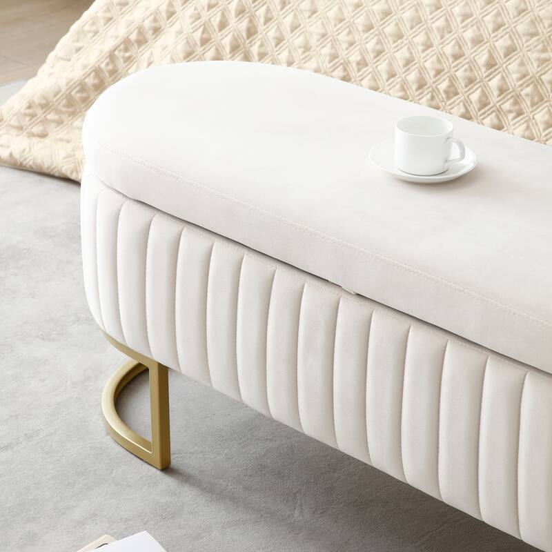Storage Bench Bedroom Bench, Velvet Oval Upholstered End of Bed Bench with Golden Metal Legs, 50"Modern Storage Ottoman Bench