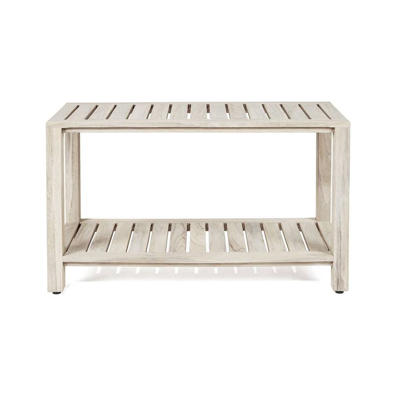 TeakCraft Gray Teak Shower Bench with Shelf 24 Inch - Fully Assembled, Rustic Gray Finish, The RICINA
