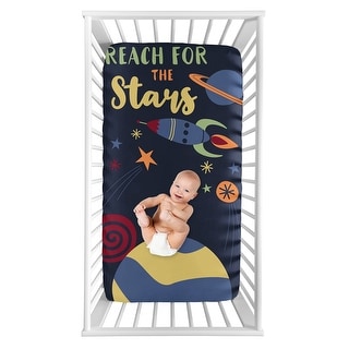 Space Galaxy Planets Collection Boy Photo Op Fitted Crib Sheet - Navy Blue Star and Moon Rocket Ship