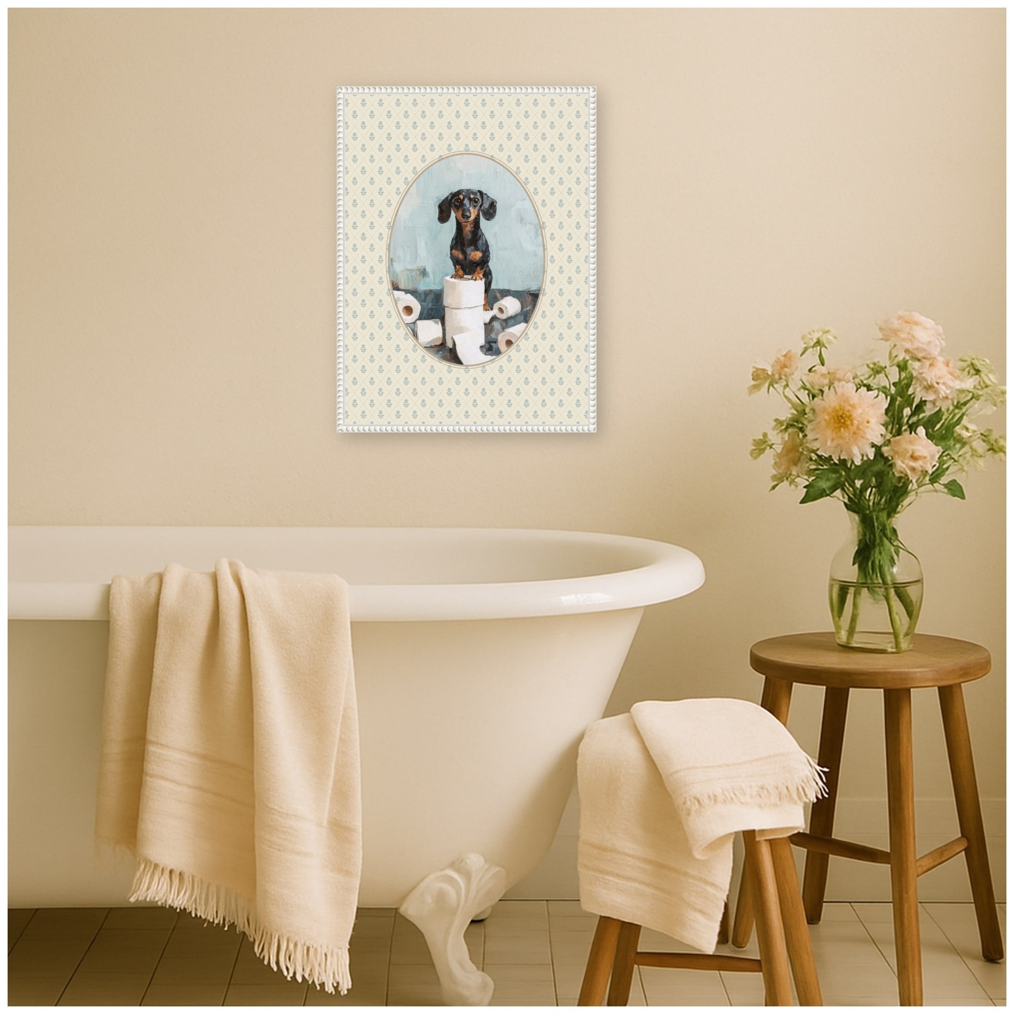 Kate and Laurel Dachshund Dog & Toilet Paper Bathroom by The Creative Bunch Studio Framed Canvas Wall Art Print