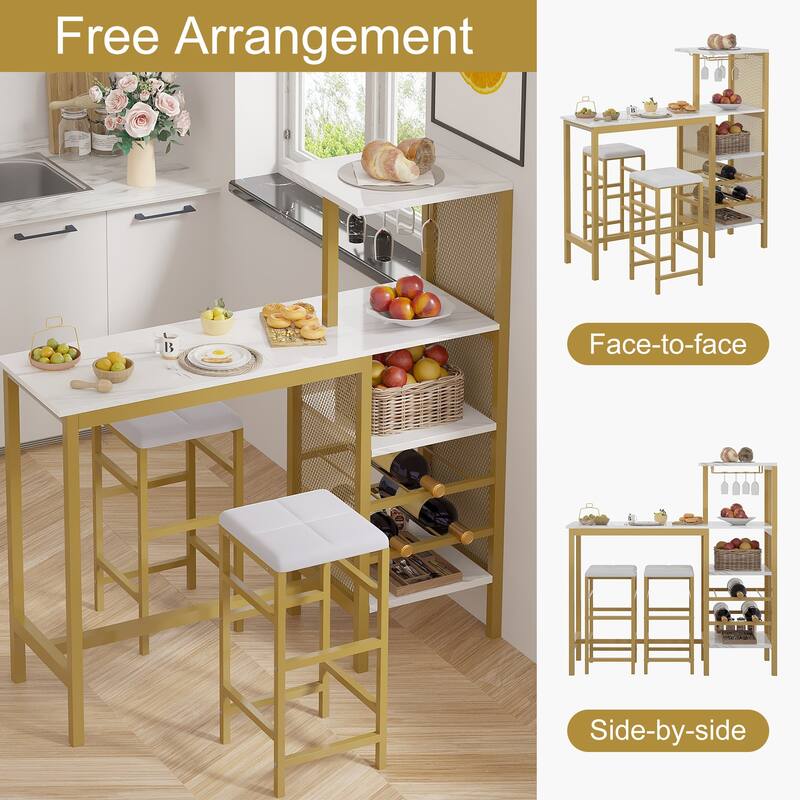 Javlergo 3-Piece Bar Table Set with 2 PU Leather Wine Rack Wine Glass Holder Compact Design for Small Spaces