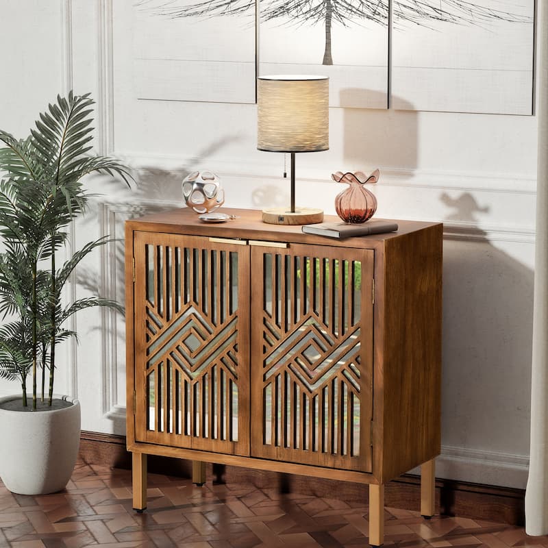 COZAYH Mirror Fronts Rustic Farmhouse Accent Cabinet with Geometric Overlays - Brown