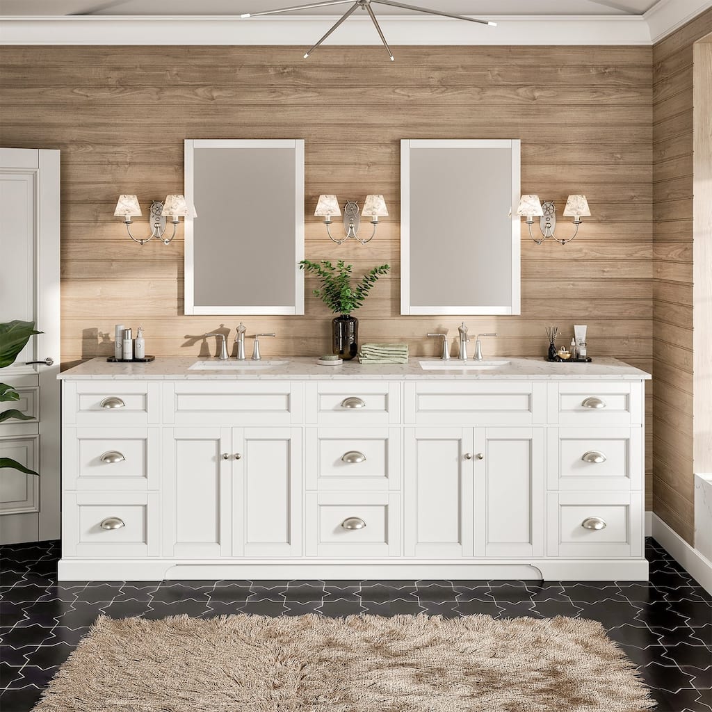 Epic 96 in. DS Bath Vanity with Carrara Quartz Top & Undermount Sinks