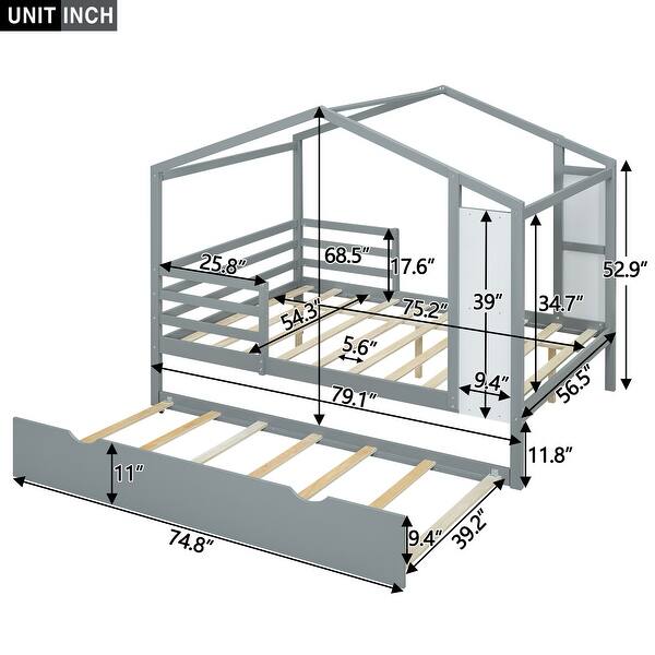 Gray Full Size Solid Wood House Bed with Trundle, Fence and Writing Board for Kids, Boys and Girls, Bedroom