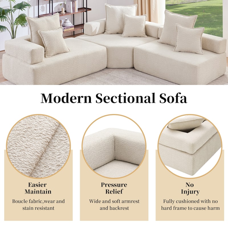 Roomfitters Modular L-Shaped Sectional Sofa with 3-Piece Boucle Set, Foam-Filled Convertible Floor Couch, Beige