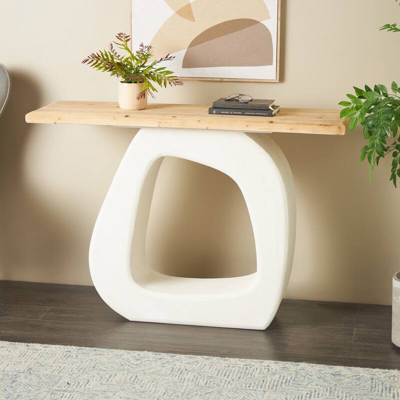 White Wooden O Shaped Living Room Console Table with Light Brown Tabletop - White
