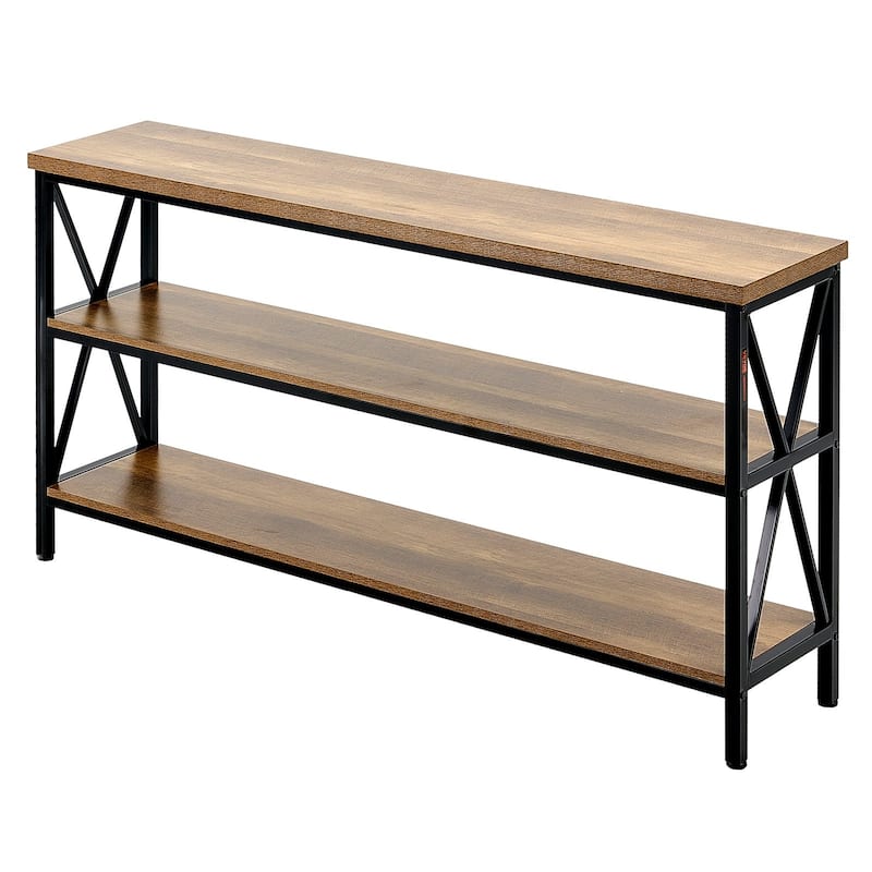 Brown Black MDF Metal Console Table, 3-Tier Long Hallway Table 240 lbs Top Load Capacity - 55.1” L x 13.4” W x 30.0” H