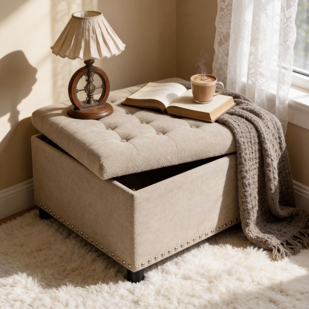 Square Storage Nailhead Trim Ottoman