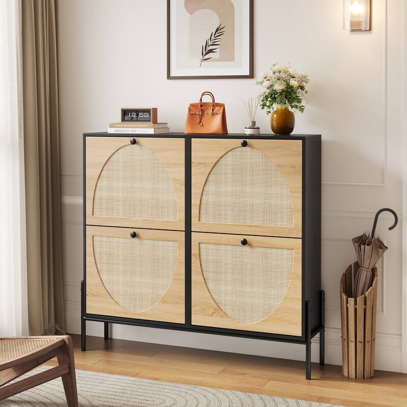 Space-Saving Rattan Shoe Cabinet with 4 Flip-Down Doors-Elegant Narrow Storage for Entryways & Hallways