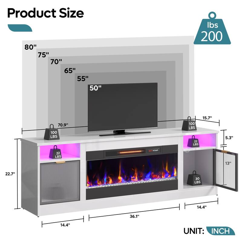 Bestier 71 in. Freestanding Fireplace TV Stand for TVs Up to 80 in. with Ample Storage in Glossy - 22.83hx71wx15.75d