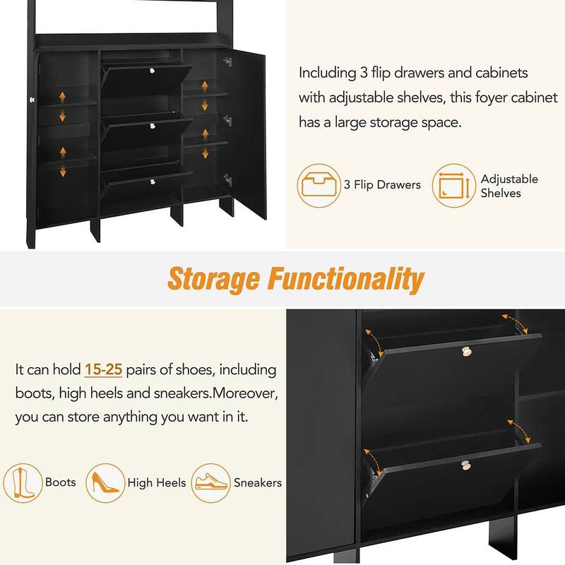 Hall Tree and Shoe Storage Bench with Flip Drawers and Doors