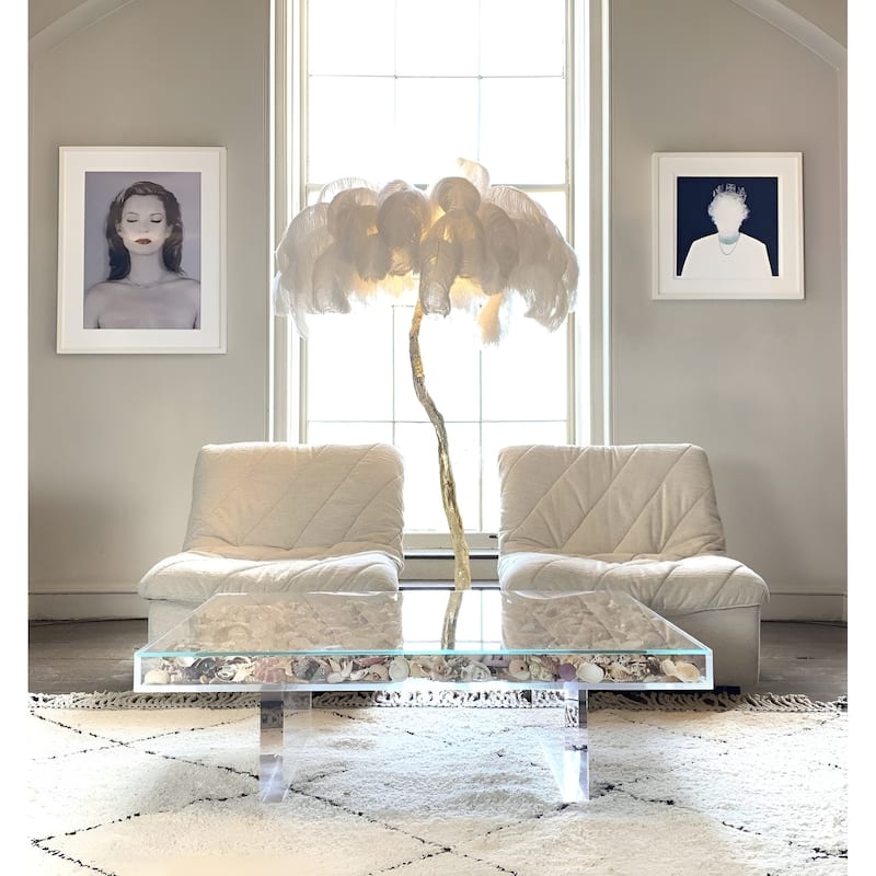 5-Light 35" Wide Novelty Golden Tree Branch LED Floor Lamp with White Ostrich Feather Shades - White/Gold