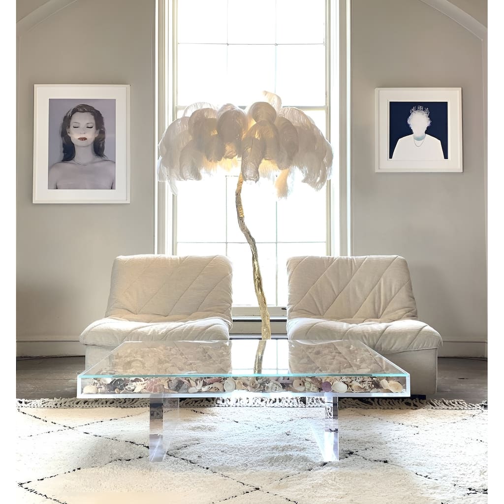 5-Light 35" Wide Novelty Golden Tree Branch LED Floor Lamp with White Ostrich Feather Shades