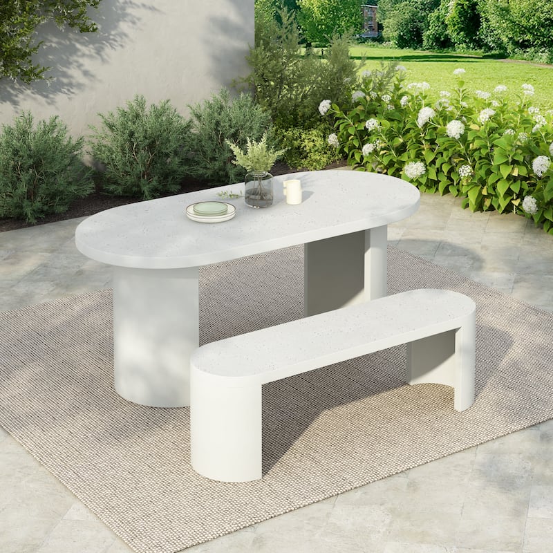 Christopher Knight Home - Vireo Terrazzo White Concrete Patio Dining Table with Bench - Terrazzo White + 2 Piece