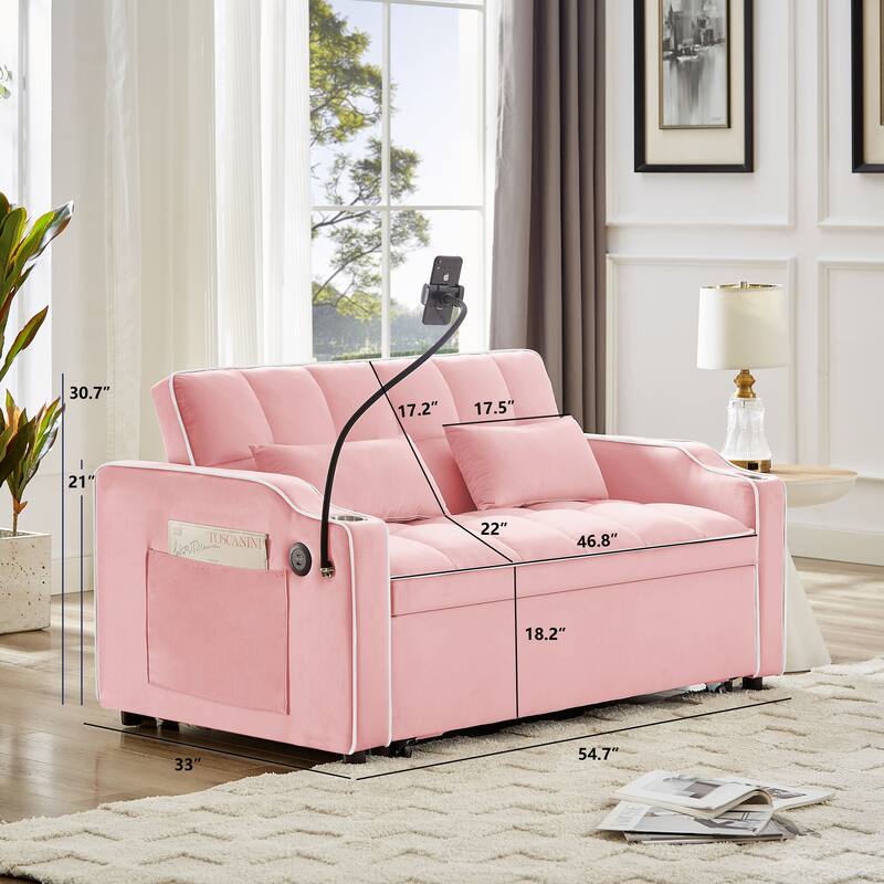 Versatile Foldable Sofa Bed in Pink, Solid Wood+MDF+Resin, Adjustable Back, USB Port, Phone Stand