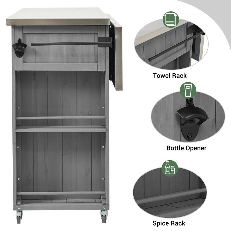 Outdoor Kitchen Island Fir Wood Kitchen Island with Stainless Steel Top, Ample Storage Space, Towel and Spice Racks