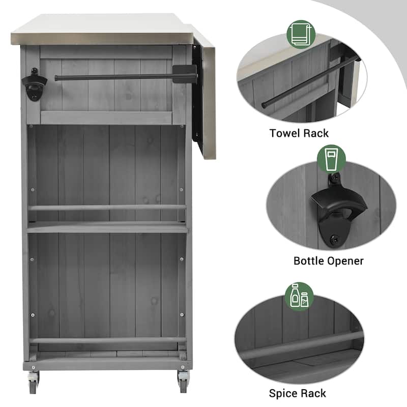 Outdoor Kitchen Island with Foldable Stainless Steel Top & Bottle Opener, Fir Wood Kitchen Island with Shelves and Towel Racks