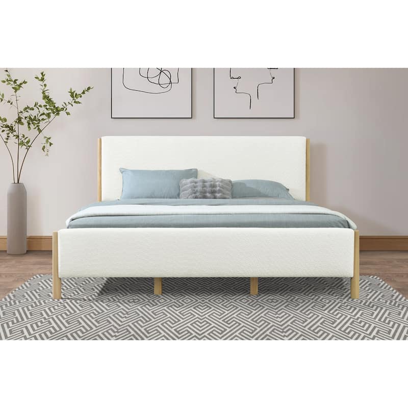 Modern White Boucle Upholstered Bed with Rubberwood Legs, KING, White