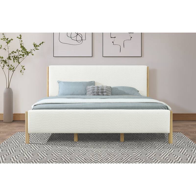 Modern White Boucle Upholstered Bed with Rubberwood Legs, Queen