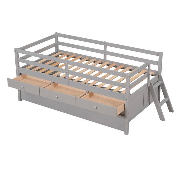 slide 2 of 16, Practical Low Twin Size Wood Loft Bed with Climbing Ladder,Pull-Out Bed and Drawer