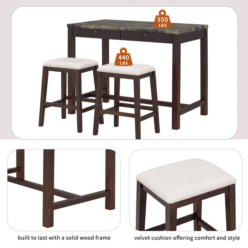 3 Pcs Counter Height Dining Table Set, Breakfast Nook Table Set for 2, Marble Table with Storage Drawers and 2 Padded Stools