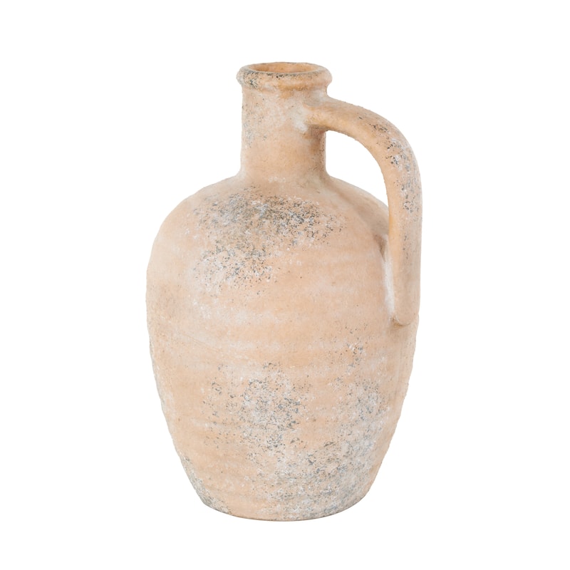Ceramic Antique Style Distressed Vase with Handle - Beige - Roche River Decor - Beige - 7"W, 11"H