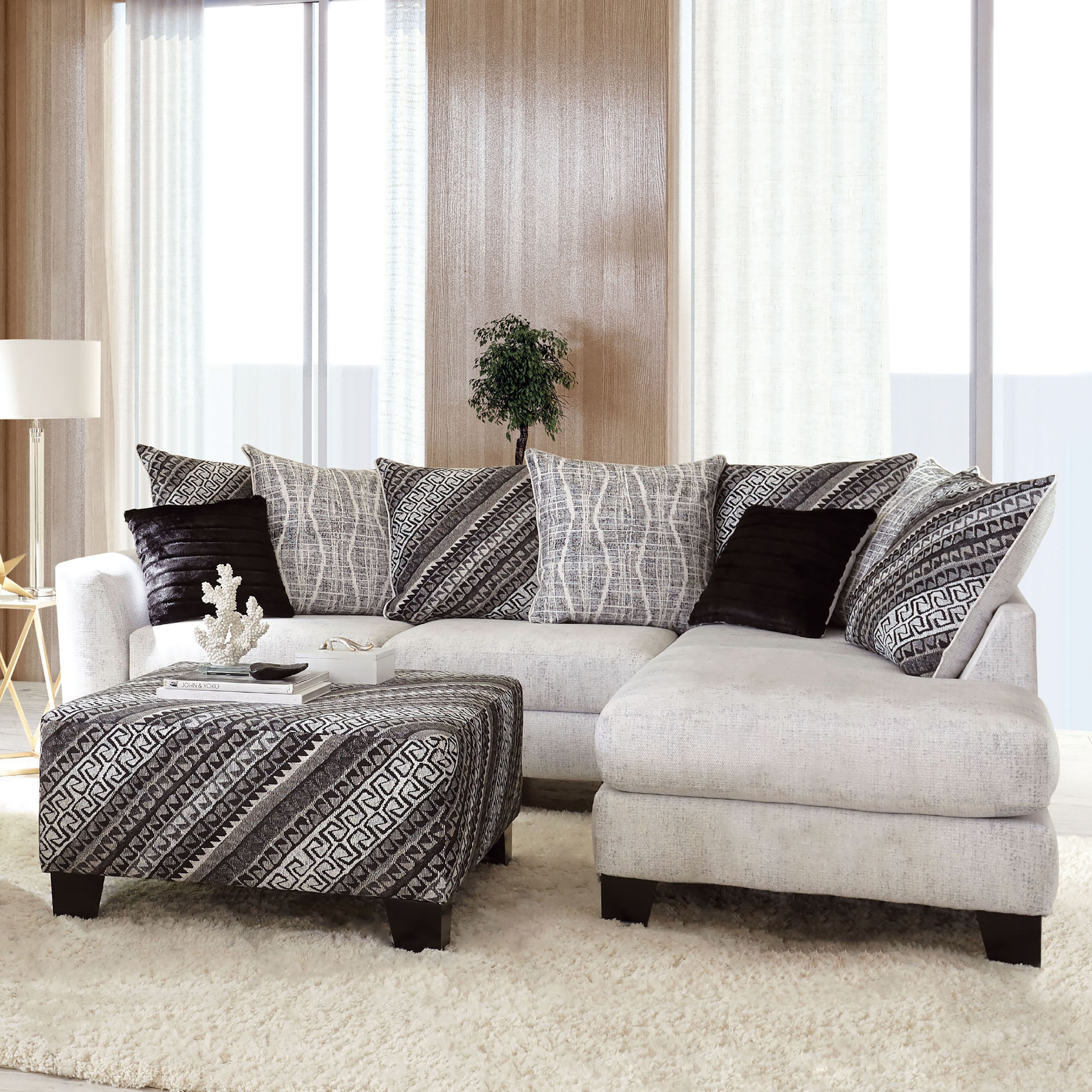Frew Transitional Off white and Black Solid Wood Upholstered Loose Pillow Back Sectional by Furniture of America Bed Bath Beyond 38373747