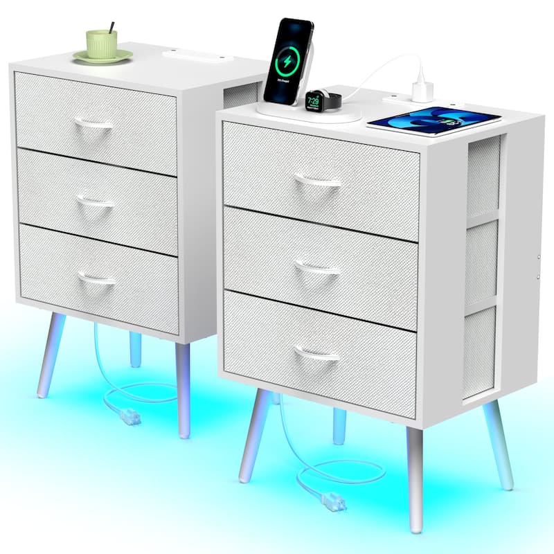 2 Pack Modern LED Nightstand with Charging Station and Fabric Drawers