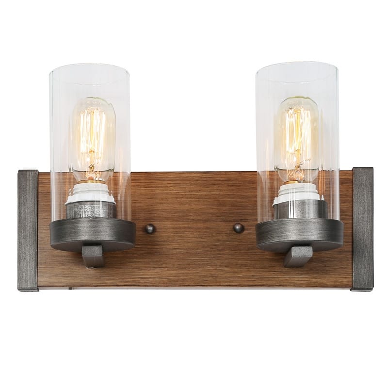 Farmhouse Rustic 2-light Pinewood Glass Bathroom Vanity Light Sconce - L 14"x W 5"x H 8.5"