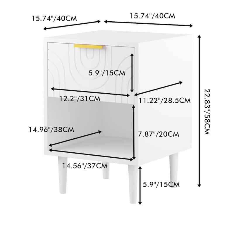 22.83'' H Modern White Nightstand with One Drawer and Open Shelf, Gold - Accented Handle, Ideal for Bedroom Decor