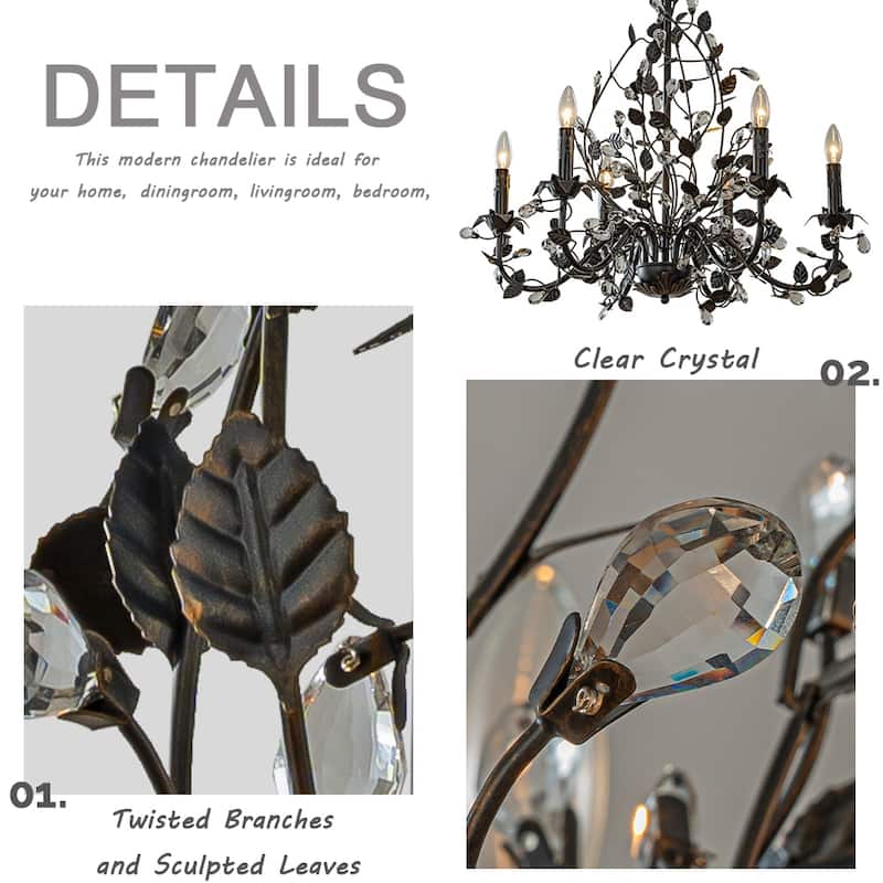 Contemporary 3/6-Light Dark Bronze Leaf Chandelier Elegant Interior Lighting With Crystal Accents For Dining Room Foyer