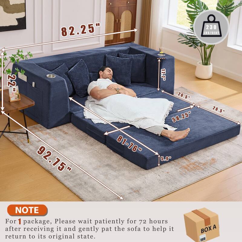 2-in-1 Convertible Corduroy Sofa Bed Folding Sleeper Loveseat Couch Full Floor Bed with Pillows, Storage Pockets and Cup Holders