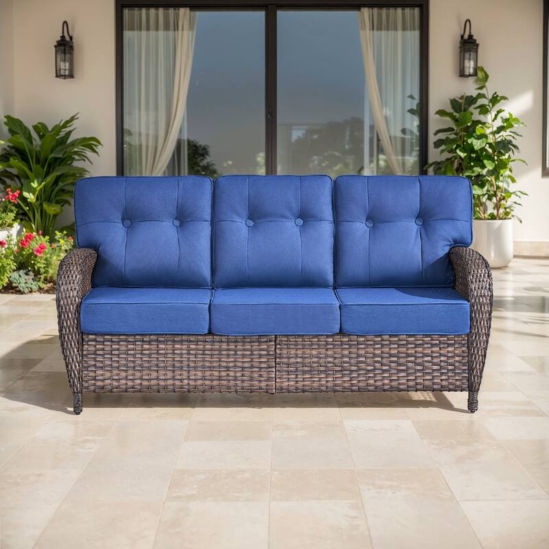 TWrap Brown Wicker Patio 3-Seat Sofa with 5-Inch Thick Cushions
