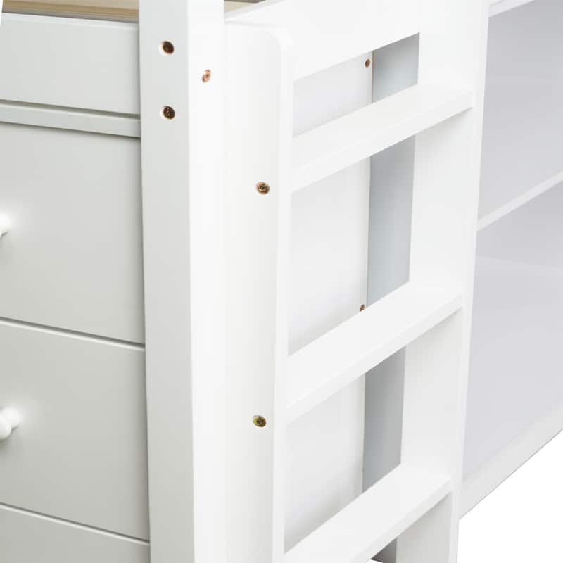 Twin Rubber Wood Loft Bed with Drawer Cabinet, Shelf,Pulling -Out Desk
