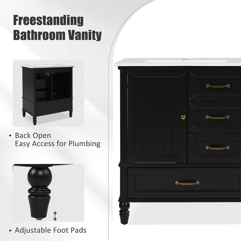 30" Bathroom Vanity with Ceramic Sink Top, Modern Bathroom Storage Cabinet with 1 Door, 3 Drawers and Solid Wood Legs
