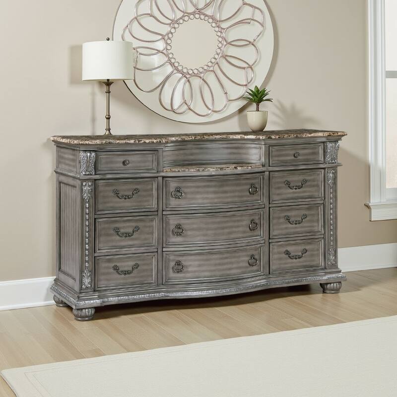 Toga 69 Inch Dresser with 11 Drawers, Gray Acacia Wood, Carved Details
