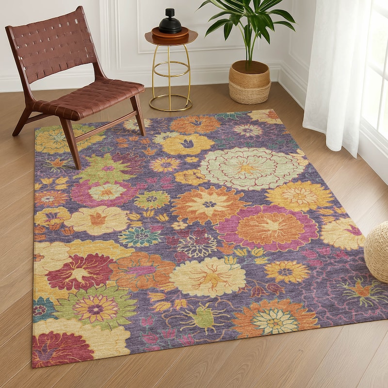 Machine Washable Indoor/ Outdoor Modern Floral Chantille Rug
