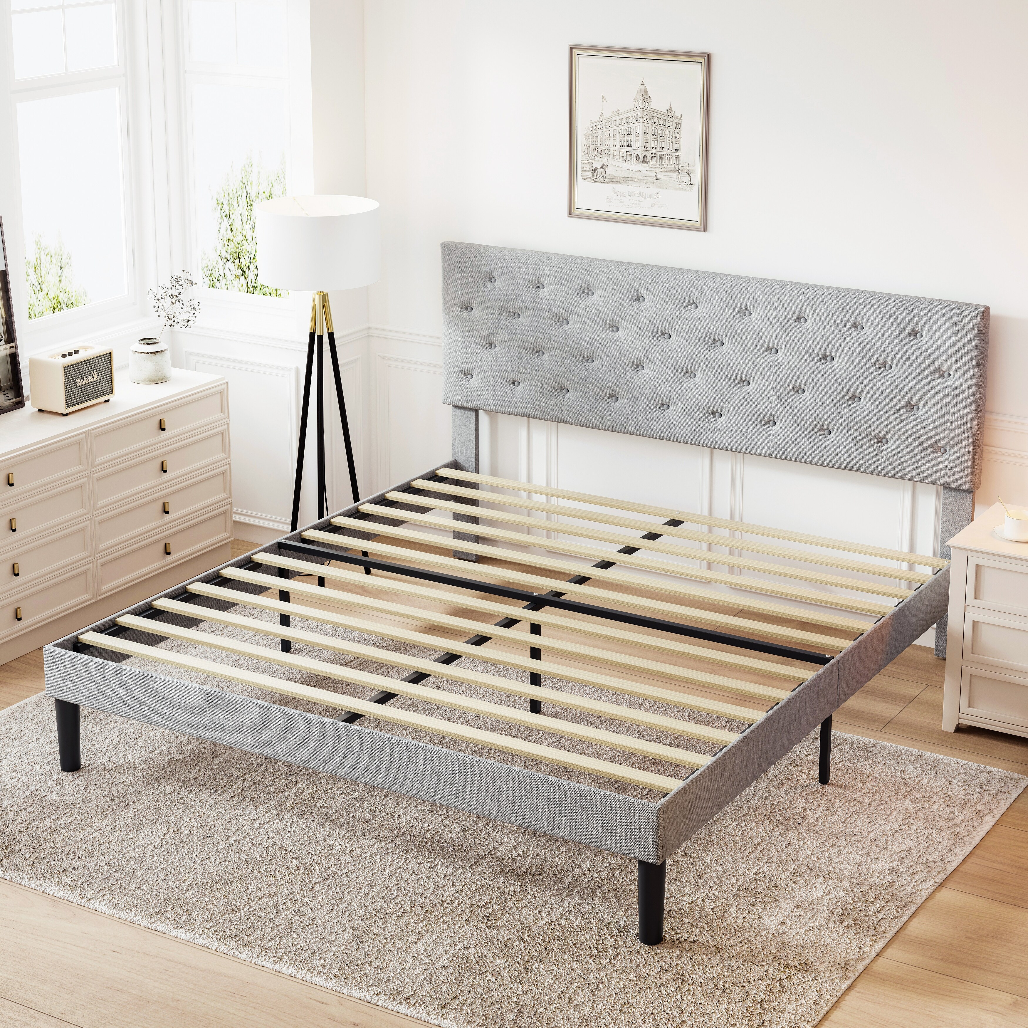 Simple Platform Bed Frame King Size Grey Bed Frame with Adjustable Headboard for Bedroom No Box Spring Needed Light Gray Bed Bath Beyond 39496245