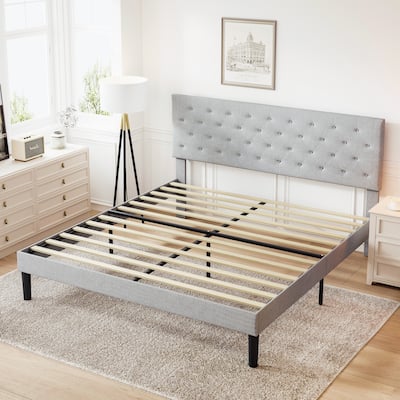 Tufted Light Grey Upholstered Queen Size Platform Bed