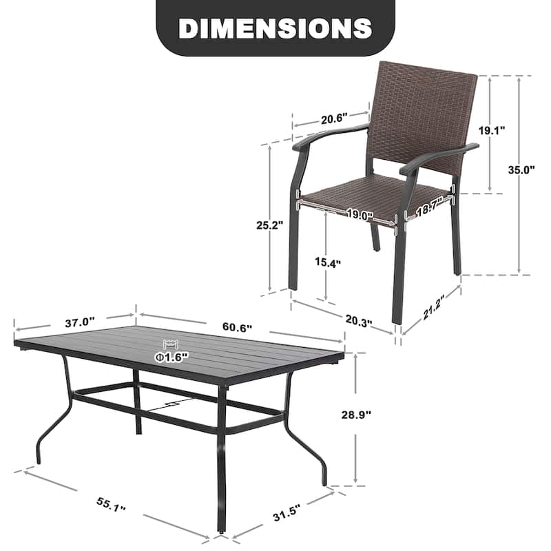 Patio 7-Piece Wicker Iron Dining Set with 1.57'' Umbrella Hole, Black